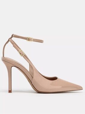 Zara Pointed-Toe Nude Patent Leather Ankle-Strap Heels